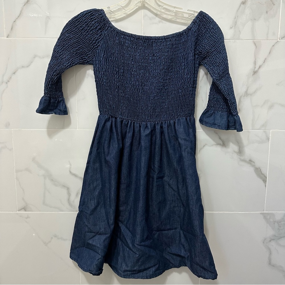 Off shoulder chambray smocked dress